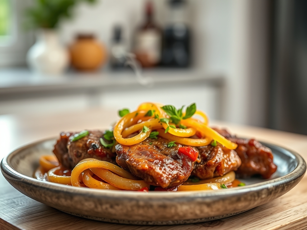 Carne assada com cebolinhas roxas