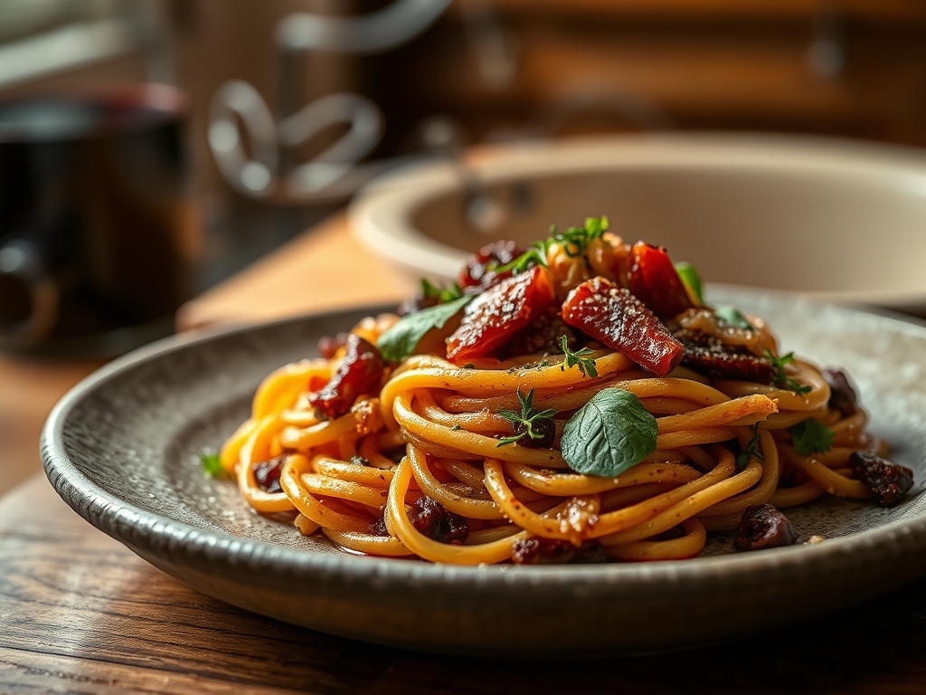 Esparguete com vinho tinto (Drunken Pasta)