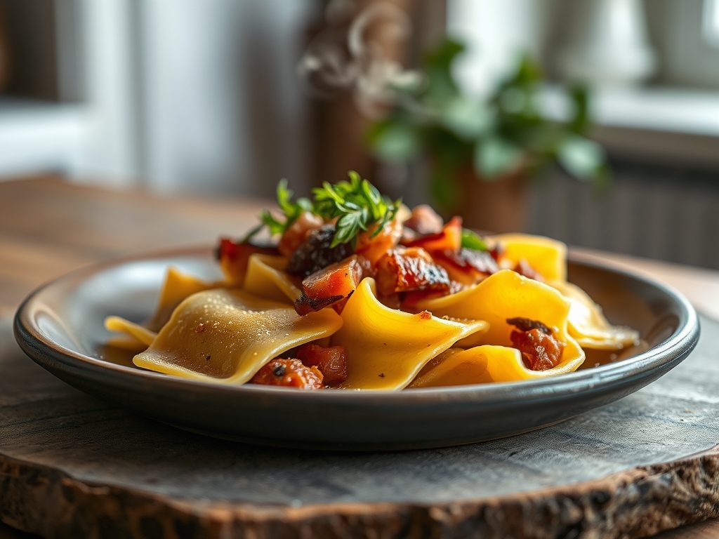 Ravioli de couve roxa e bacon