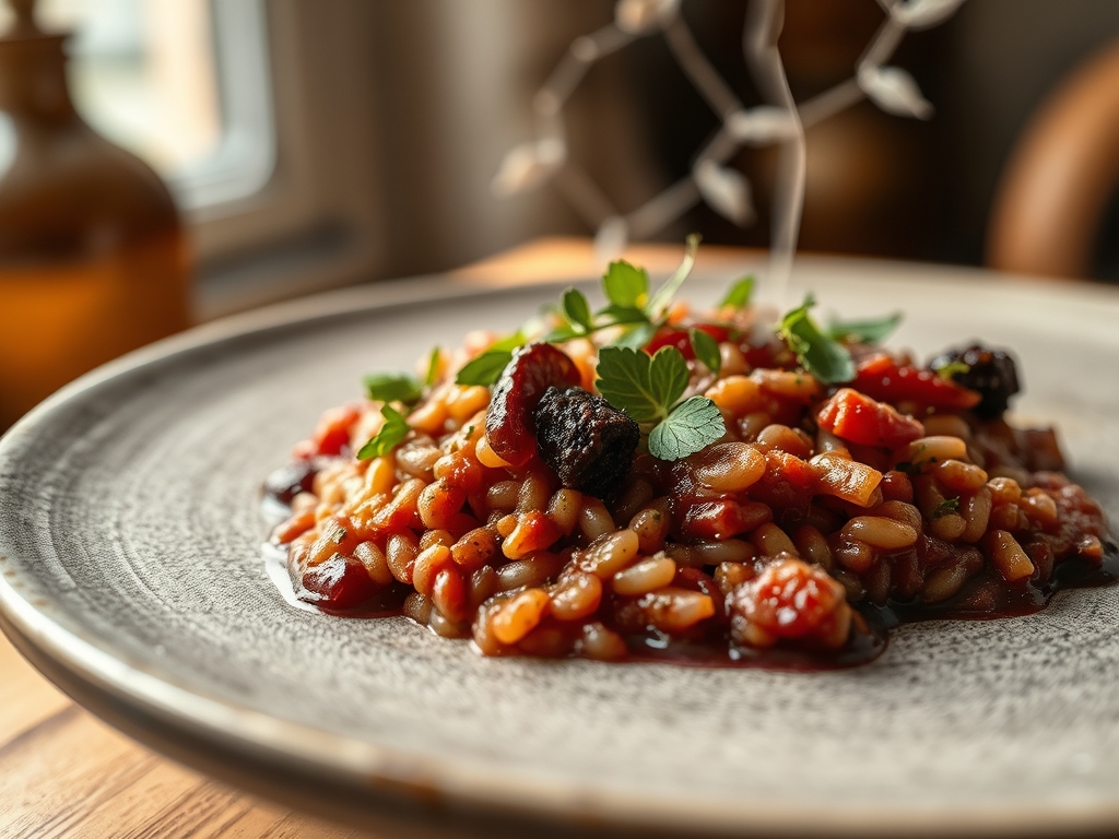 Risoto de vinho tinto e chouriço